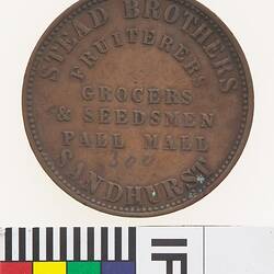 Token - 1 Penny, Stead Bros, Grocers & Seedsmen, Bendigo, Victoria, Australia, 1862