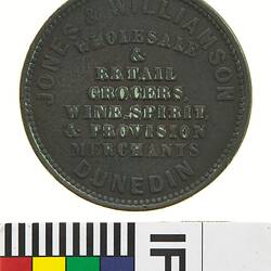 Token - 1 Penny, Jones & Williamson, Dunedin, Otago, New Zealand, 1858