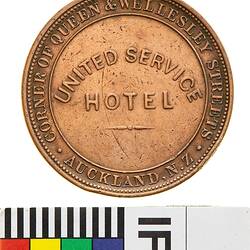 Token - 1 Penny, United Service Hotel, Auckland, New Zealand, 1874