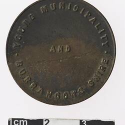 Round bronze coloured medal with text.