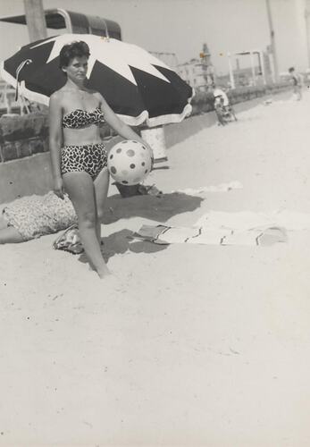 Digital Photograph - Woman with Beach Ball, Albert Park Beach, late 1950s
