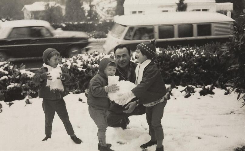 Digital Photograph - Family Playing in Snow, Dandenong Ranges, 1966