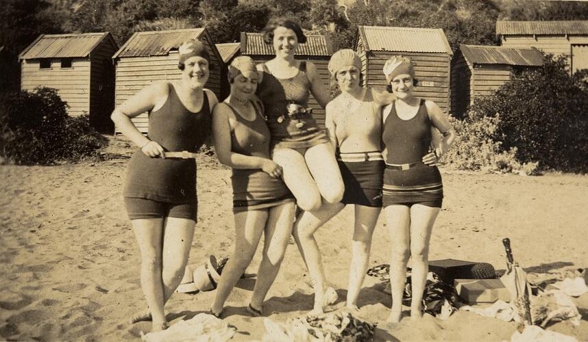 Digital Photograph - Five Girls in Swimming Costumes, in front of Bathing Boxes, circa 1930