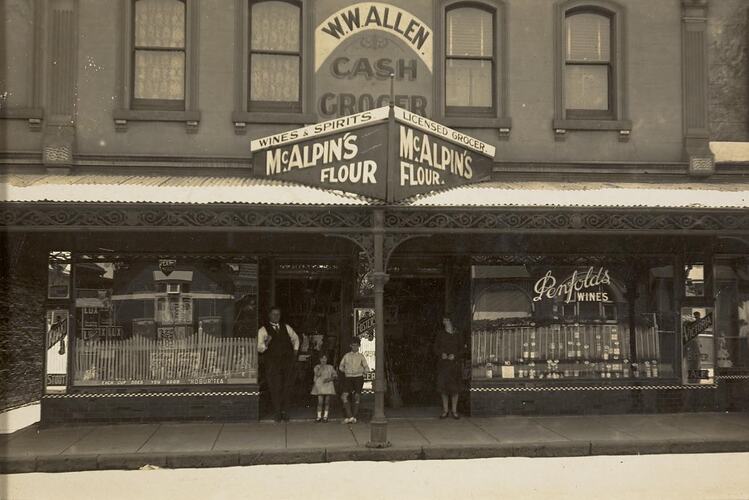 Digital Photograph - Extended Family Standing outside WW Allan's Grocers, Hawksburn, 1929-1930