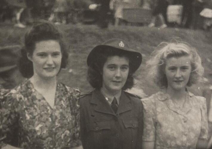 Digital Photograph - Three Girls, One Dressed in Land Army Uniform, Coburg, 1943