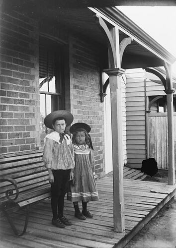 Digital Photograph - Boy & Girl in Sailor Hats, Front Verandah, Preston, 1902