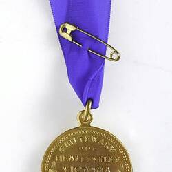 Round gold medal with text suspended from blue ribbon with pin.
