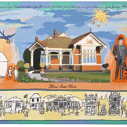 Colourful house in centre, figures and bicycle either side. Black and white cartoon houses along bottom.