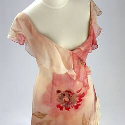 Pink silk chiffon dress, hand painted floral print.