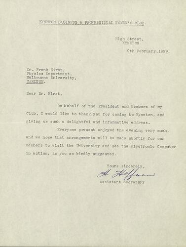 Single page letter with typed black text, signed.