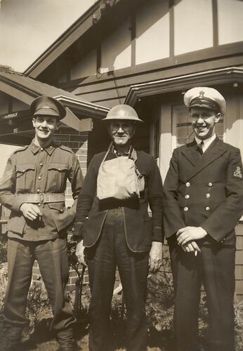 Three Men in Uniforms in Front of House during World War II, Moonee Ponds, 1941