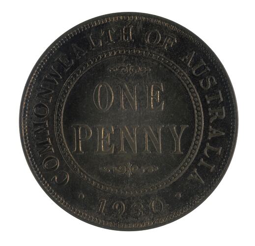 Round bronze coin with the words ONE PENNY within a circle of beads. Text around border.