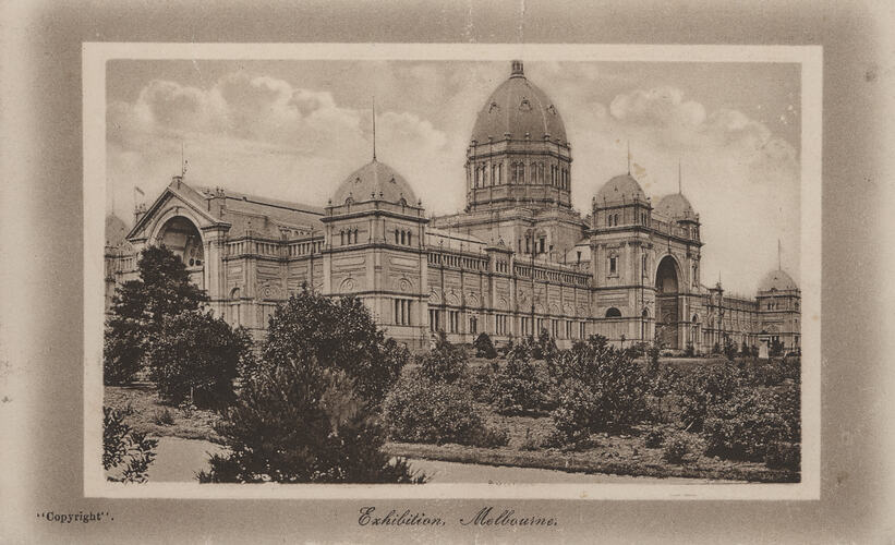 Domed Royal Exhibition Building with foreground garden.