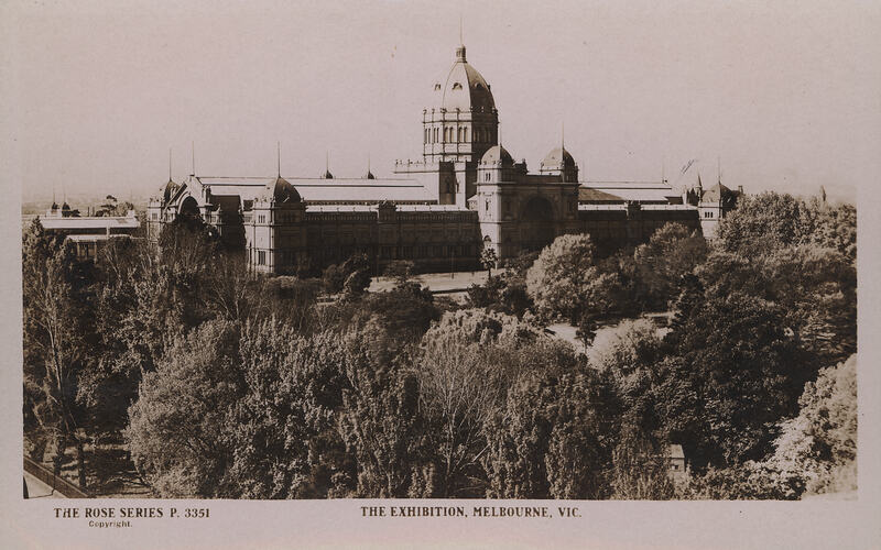 Postcard of the south-west facade of the Exhibition Building Melbourne.