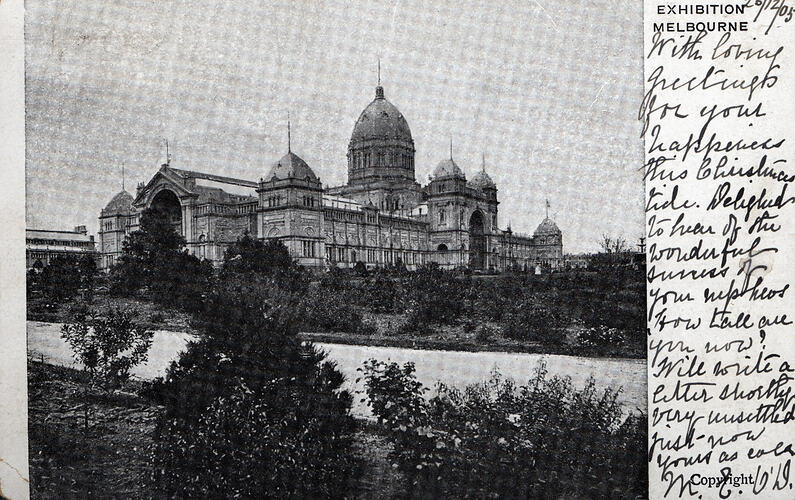 Postcard - South West Facade, Exhibition Building, Melbourne, pre 1905