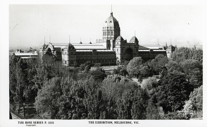 Postcard - South West Facade, Exhibition Building, Rose Series, Melbourne, circa 1930
