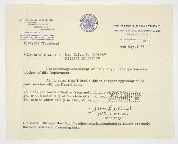 Letter - Education Department to Lili Sigalas, 9 May 1966