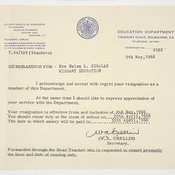 Letter - Education Department to Lili Sigalas, Acknowledgement of Resignation, 9 May 1966