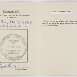 Certificate - Entry Permit, Issued to Mary Louey Gung, Department of Immigration
