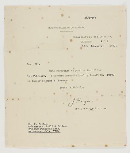 Letter - Commonwealth of Australia to Robert Salter, 16th Feb 1939