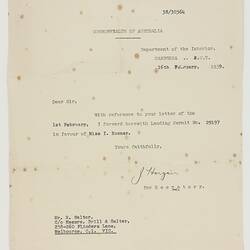 Letter - J. Hogan to Robert Salter, 16 Feb 1939