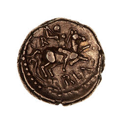 Coin, round, horseman galloping right brandishing spear, above, VIR ; below, REX behind, curved ornament.