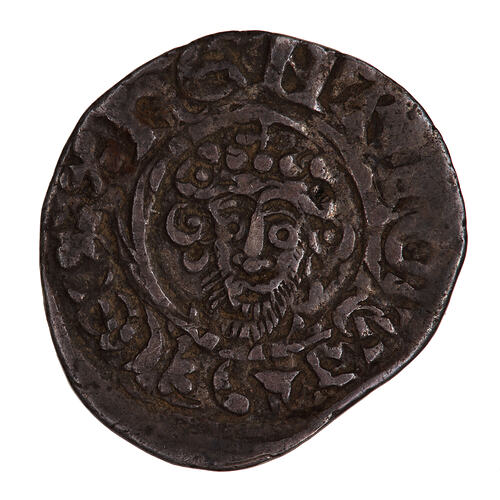 Coin, round, crowned bust of the King facing within a line circle, holding a sceptre outside the circle.