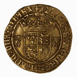 Coin, round, crowned shield quartered with the arms of England and France dividing the crown.