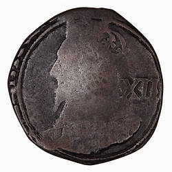 Coin, round, Crowned bust of the King facing left wearing a lace collar and armour; text around.
