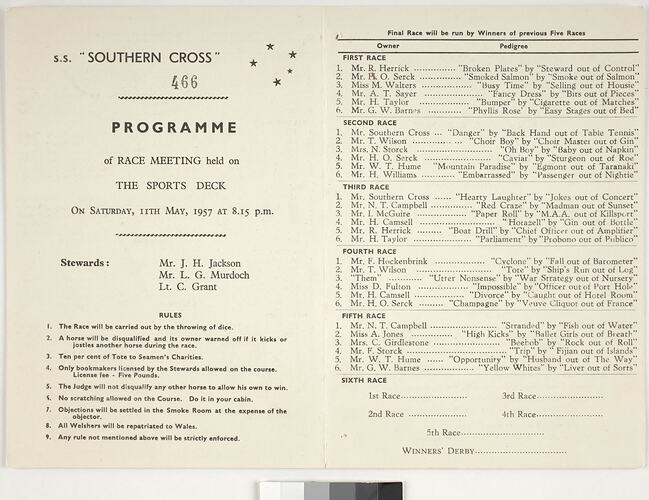 Race Meeting Programme - SS Southern Cross, 11th May 1957