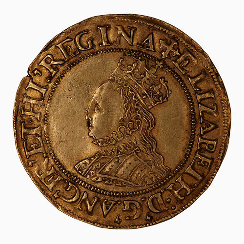 Coin, round, Within an inner bead circle, crowned bust of the Queen, wearing ruff and decorated dress.