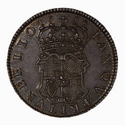 Pattern Coin, round, Crowned shield quartered with the cross of St George, St. Andrew and Irish harp.