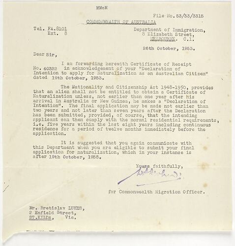 Letter - Declaration of Intention to Apply for Naturalisation as an Australian Citizen, 1953