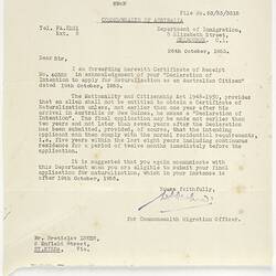 Letter - Intention to Apply for Naturalisation, Department of Immigration to Bretislav Lukes, St Kilda, 26 Oct 1953