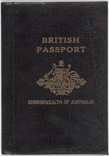 Dark passport front cover with gold printing. Logo in centre.