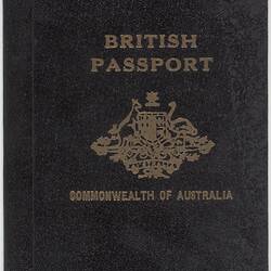 Dark passport front cover with gold printing. Logo in centre.