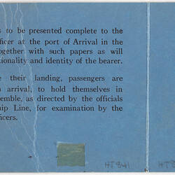 Card - Immigration Regulations Landing Card, Issued to Julius Toth, 1957