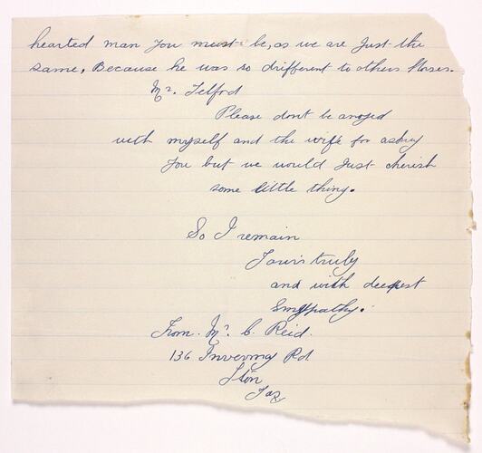Letter - Reid to Telford, Phar Lap's Death, 14 Apr 1932