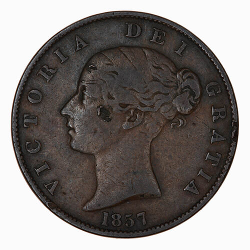 Coin - Halfpenny, Queen Victoria, Great Britain, 1857 (Obverse)