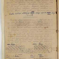 White sheet with handwritten text and four small weaving patterns at bottom.