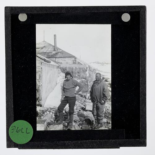 Lantern Slide - Explorers near the Entrance at the 'Old Hut' (Mawson's Huts) BANZARE Voyage 2, Antarctica, 1930-1931