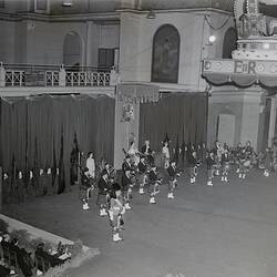 Bagpipe Band Performing at Coronation Celebrations for Queen Elizabeth II, Royal Exhibition Building, Carlton, 1953