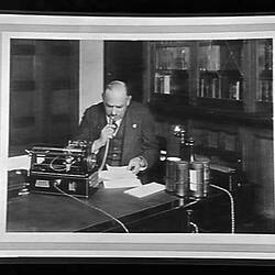 Copy Negative - Sir John Monash Using Dictaphone in Chairman's Office, State Electricity Commission, Melbourne, Victoria, Sep 1922