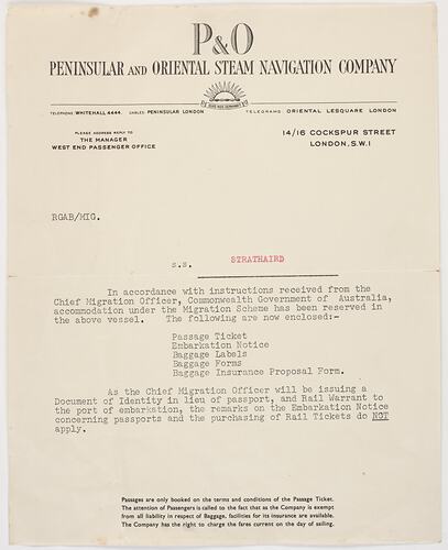 Letter - Supply of Travel Documentation, P&O Lines, RMS Strathaird, 1956