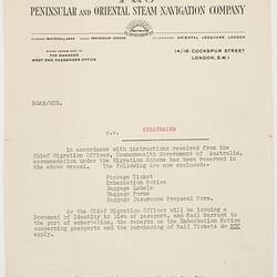 Letter - Supply of Travel Documentation, P&O Lines, RMS Strathaird, 1956