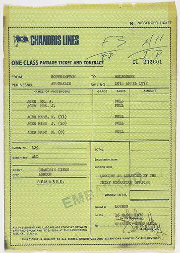 Passenger Contract Ticket - Chandris Lines, SS Australis, Issued to the Ager Family, 16 Mar 1972