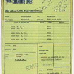 Passenger Contract Ticket - Chandris Lines, SS Australis, Issued to the Ager Family, 16 Mar 1972