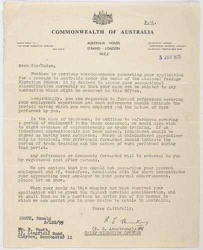 Letter - Employment Reference Request, Commonwealth of Australia to Ron Booth, 3 Jan 1955