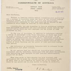 Letter - Employment Reference Request, Commonwealth of Australia to Ron Booth, 3 Jan 1955