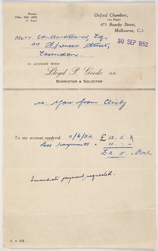 Receipt - Lloyd P Goode of Oxford Chambers, Issued to N Condurateanu, Melbourne, 30 Sep 1952